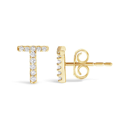 Close-up front and side angle of yellow metal stud earrings shaped like the letter T, decorated with round white gemstones in a micro-pave setting.