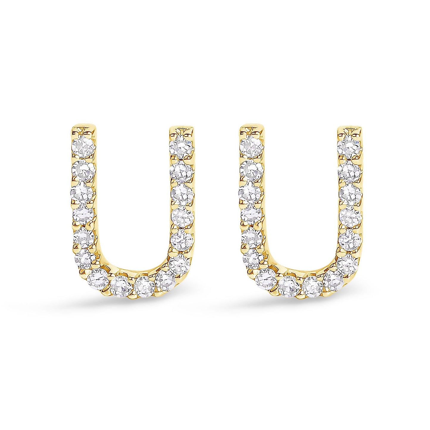 Front view of yellow metal U-shaped earrings with round white gemstones in a micro-pave setting.