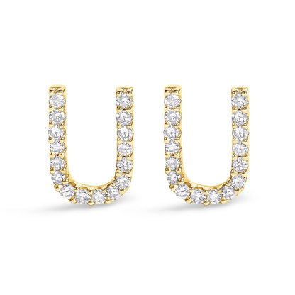 Front view of yellow metal U-shaped earrings with round white gemstones in a micro-pave setting.