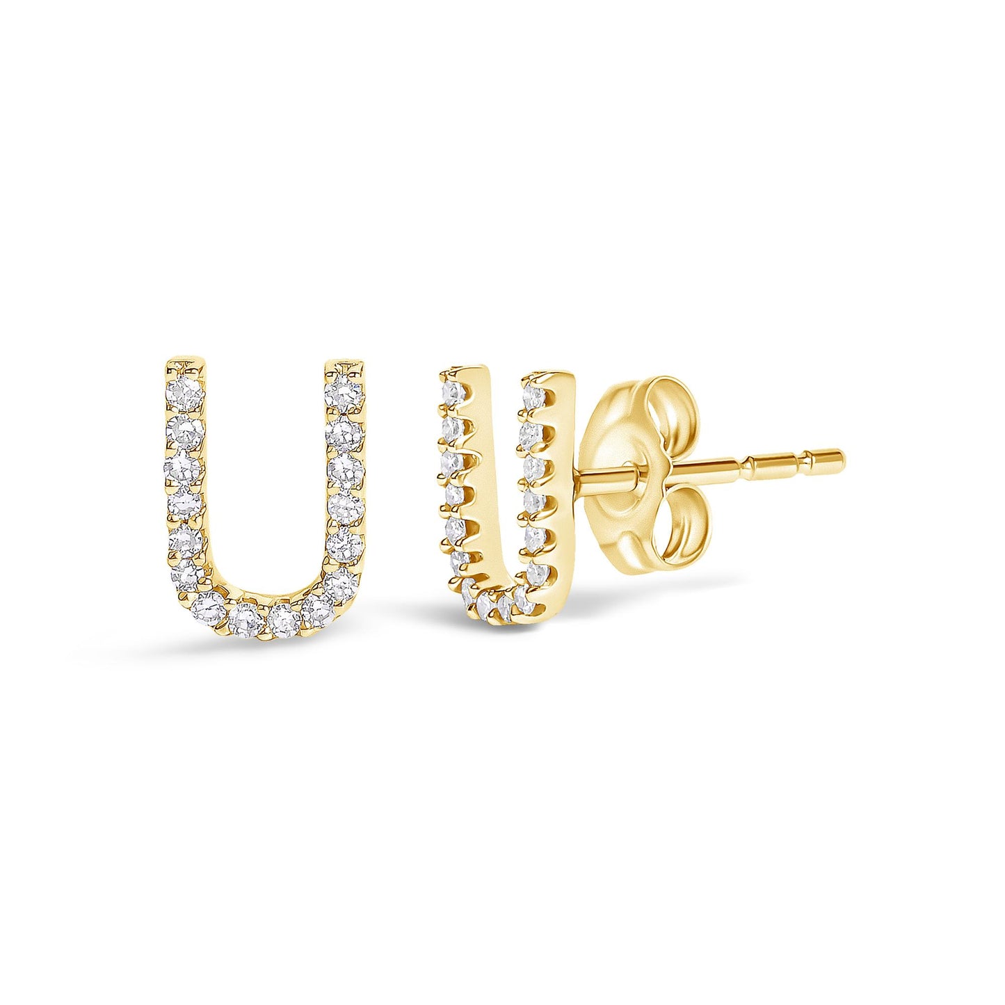 Pair of yellow metal U-shaped stud earrings with white round gemstones in a micro-pave setting, shown at a front and side angle on a white background.