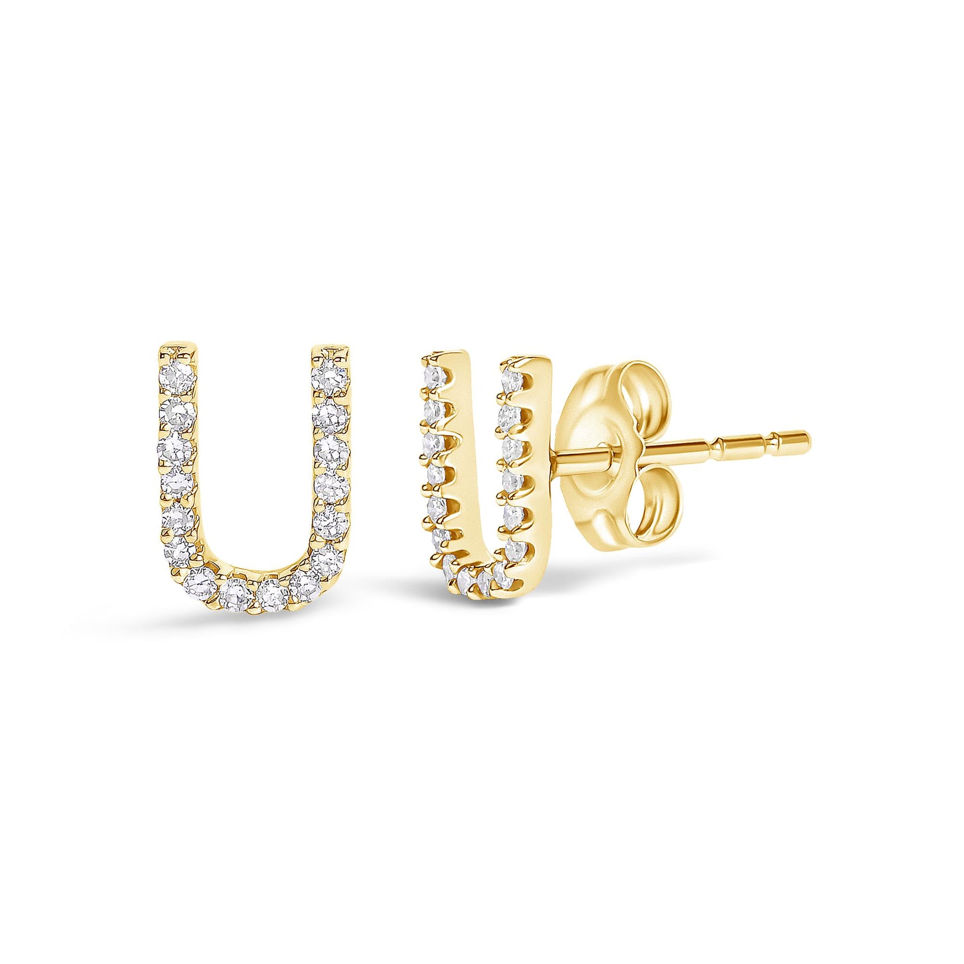 Pair of yellow metal U-shaped stud earrings with white round gemstones in a micro-pave setting, shown at a front and side angle on a white background.