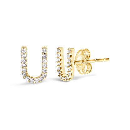 Pair of yellow metal U-shaped stud earrings with white round gemstones in a micro-pave setting, shown at a front and side angle on a white background.