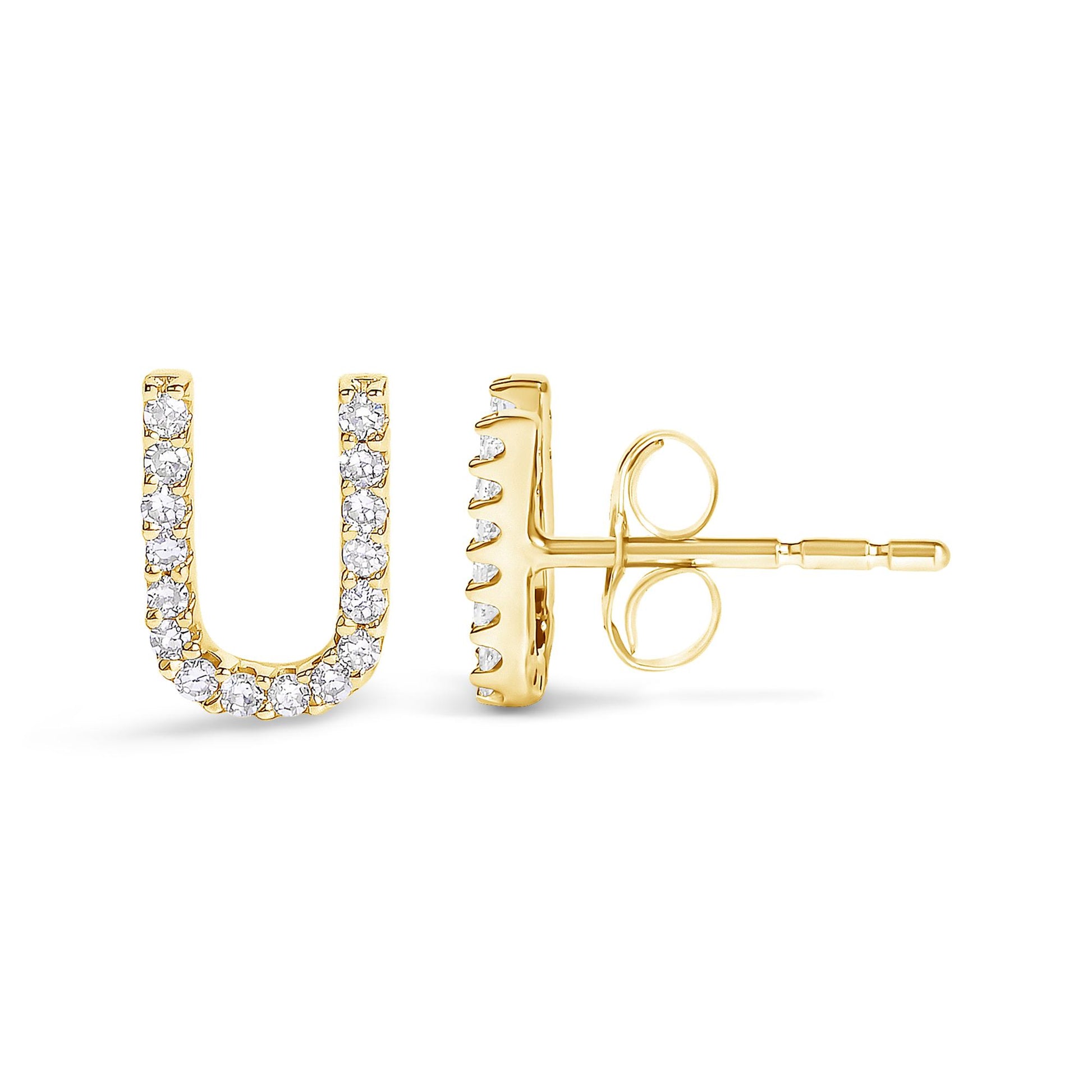 Pair of yellow metal stud earrings in a U shape with round white gemstones in a micro-pave setting, shown from front and side angles.