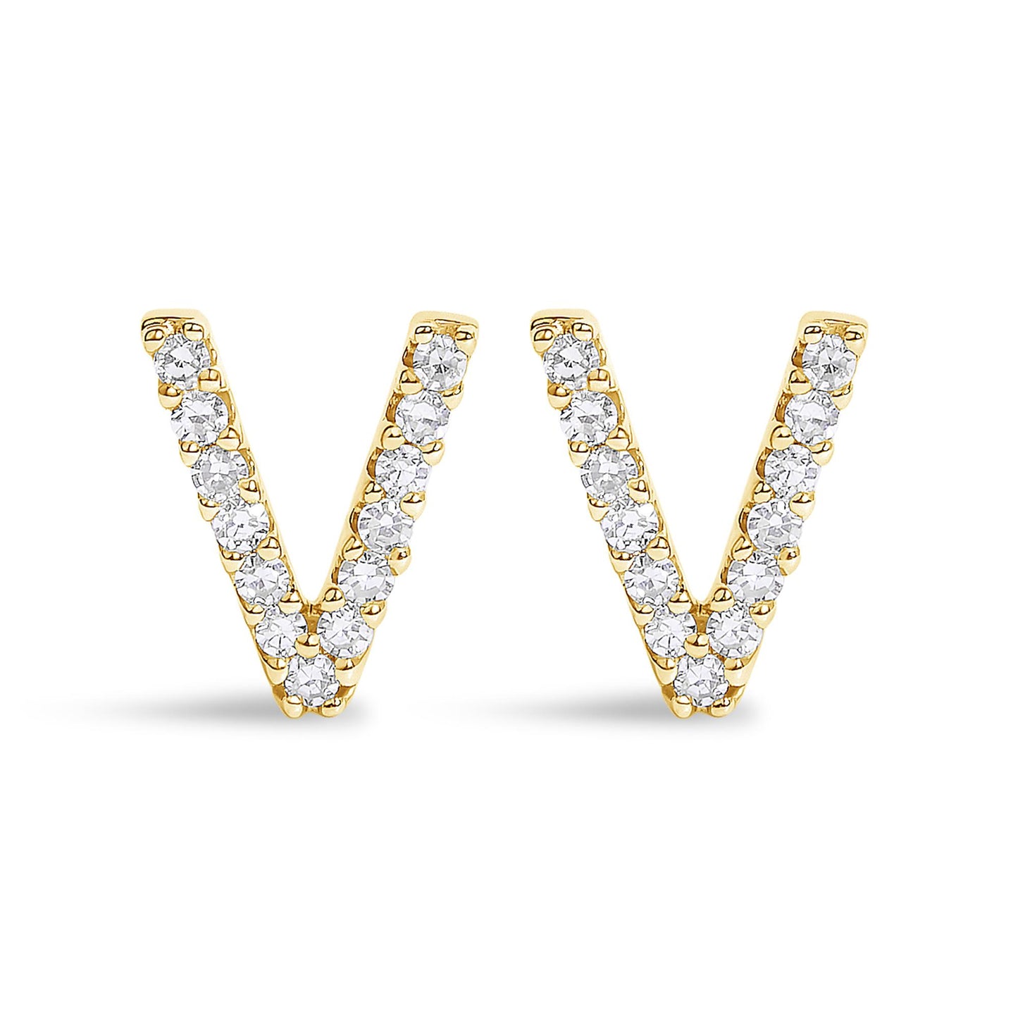 Front-facing shot of a pair of yellow metal earrings shaped like the letter V, each adorned with small round white gemstones in a micro-pave setting.