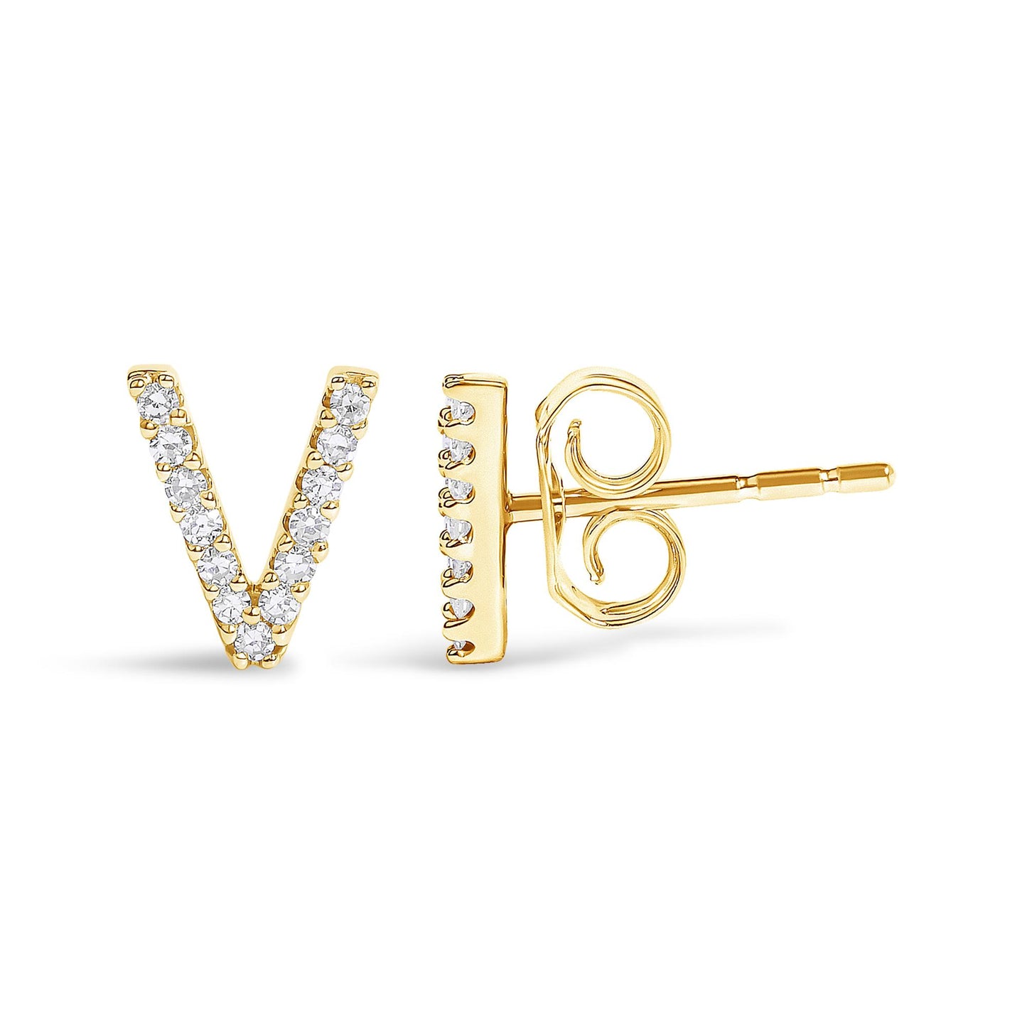 Close-up front and side view of a single yellow metal V-shaped earring with white round gemstones set in a micro-pave style, showing the earring post and butterfly back.