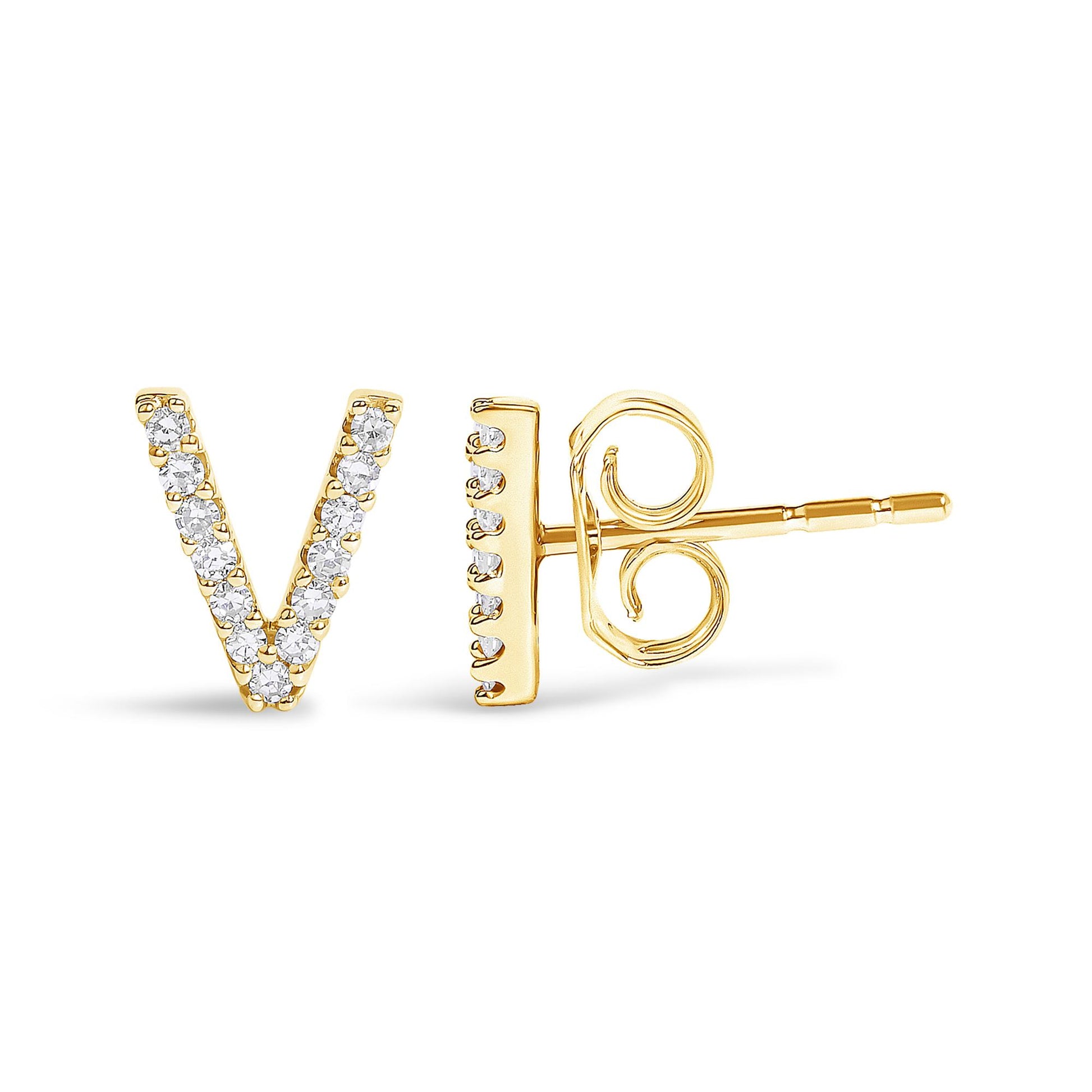 Close-up front and side view of a single yellow metal V-shaped earring with white round gemstones set in a micro-pave style, showing the earring post and butterfly back.