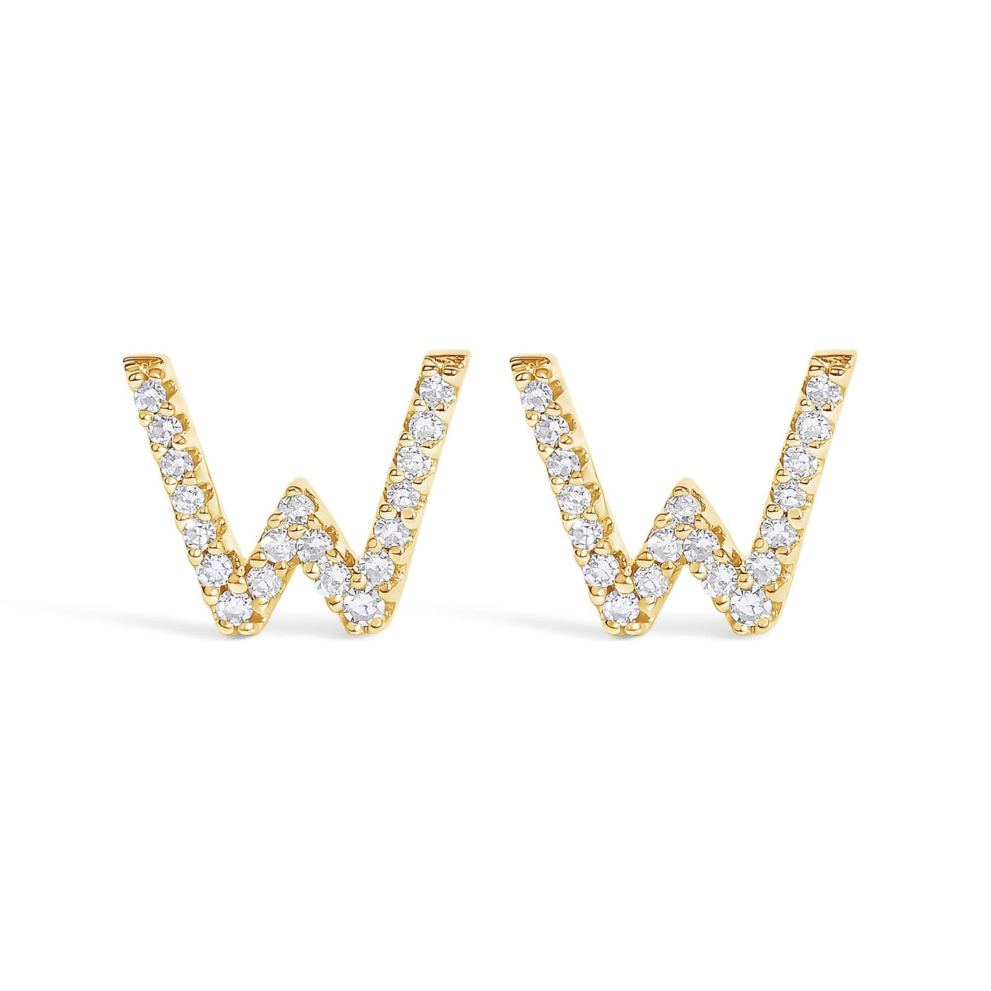 Front-facing shot of a pair of yellow metal earrings shaped like the letter 'W,' each encrusted with small round white gemstones in a micro-pave setting.