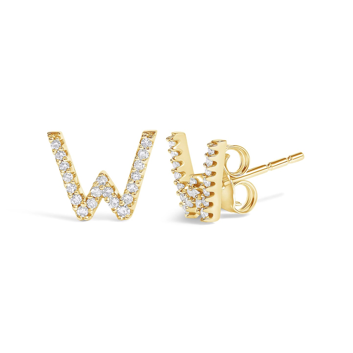 Pair of yellow metal stud earrings shaped like the letter W, set with round white gemstones in a micro-pave setting, shown at a front and side angle on a white background.