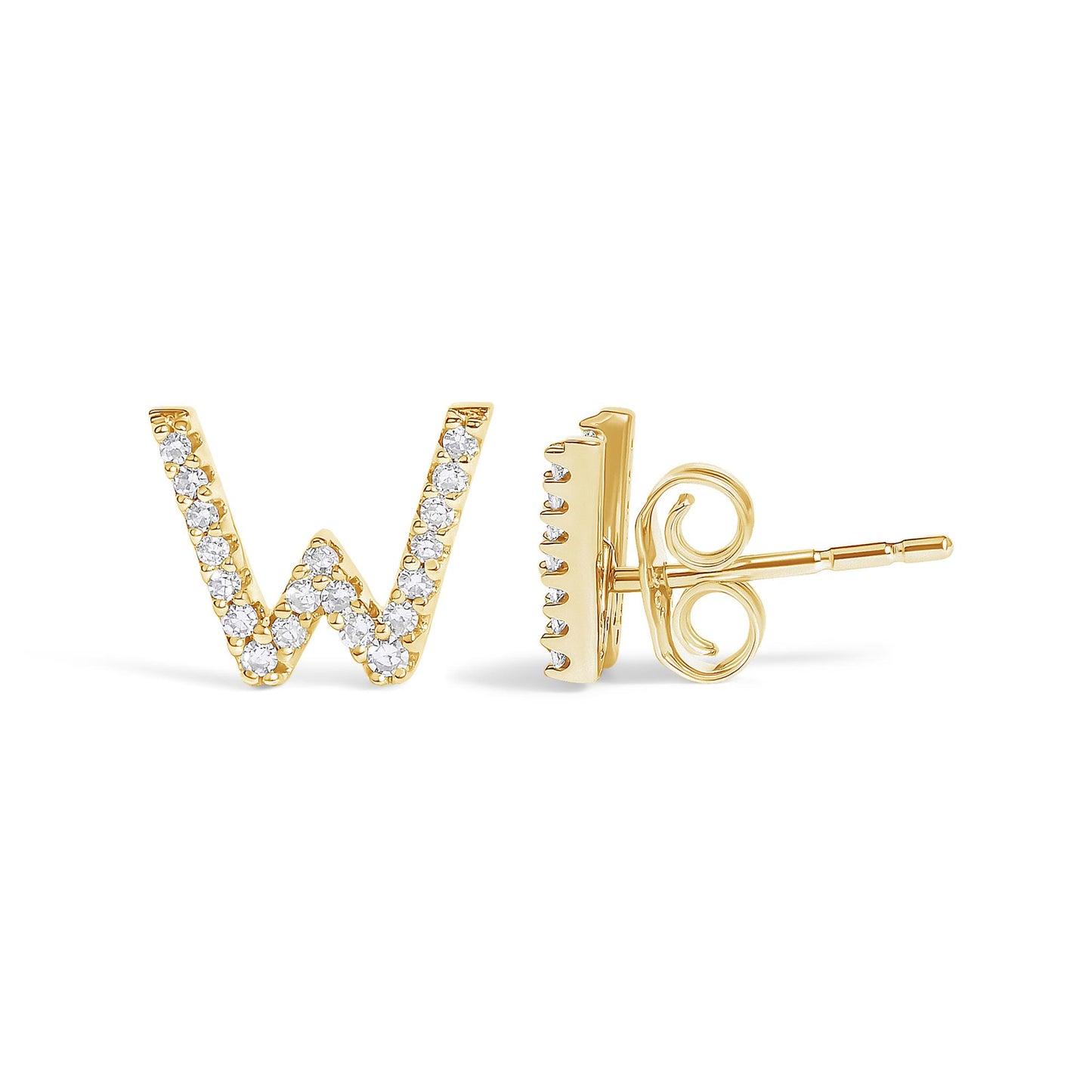 Close-up front and side view of yellow metal stud earrings shaped like the letter W, adorned with round white gemstones in a micro-pave setting.