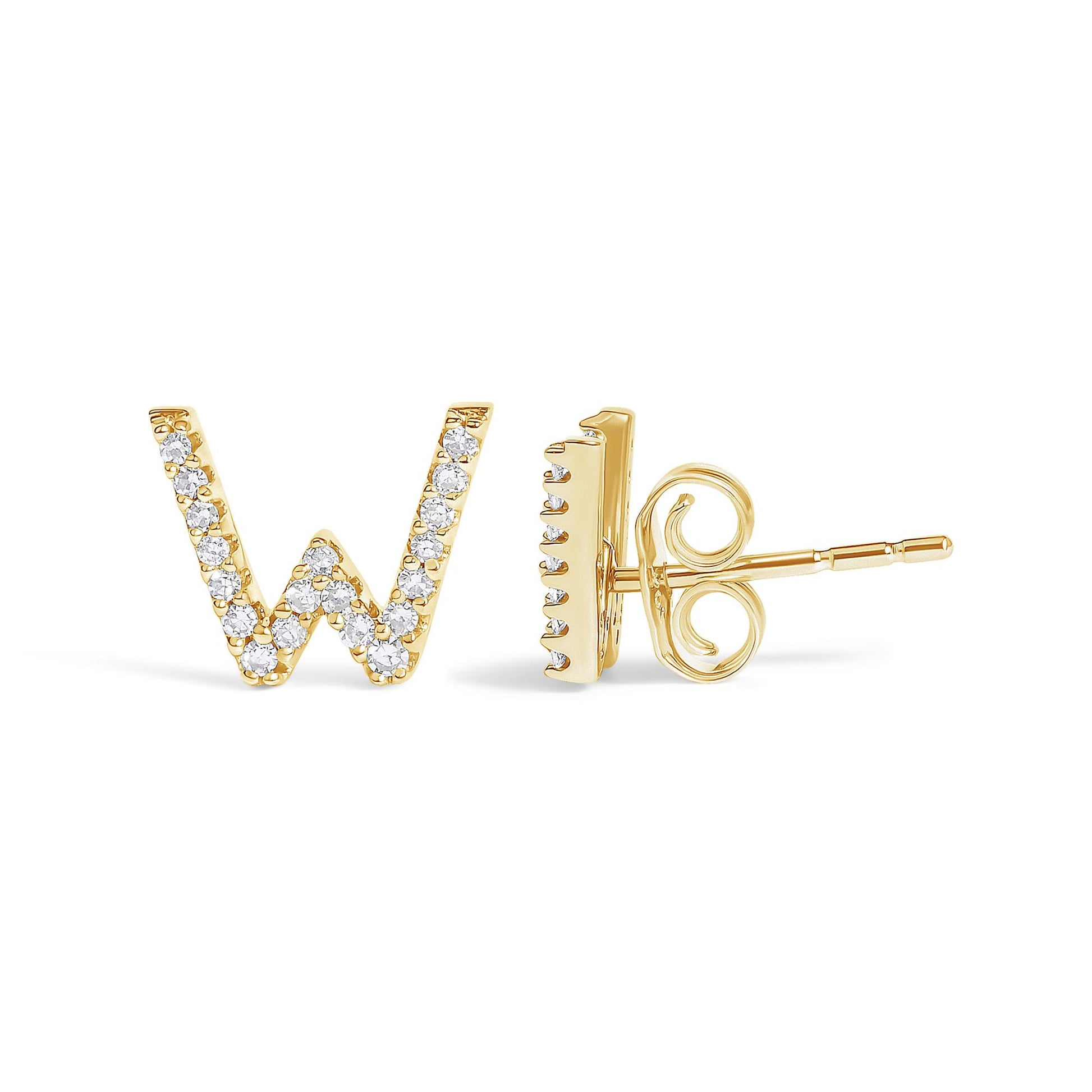 Close-up front and side view of yellow metal stud earrings shaped like the letter W, adorned with round white gemstones in a micro-pave setting.