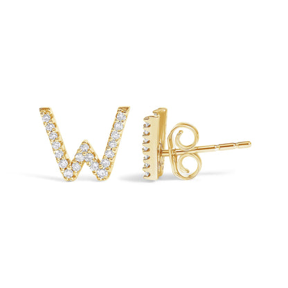 Close-up front and side view of yellow metal stud earrings shaped like the letter W, adorned with round white gemstones in a micro-pave setting.