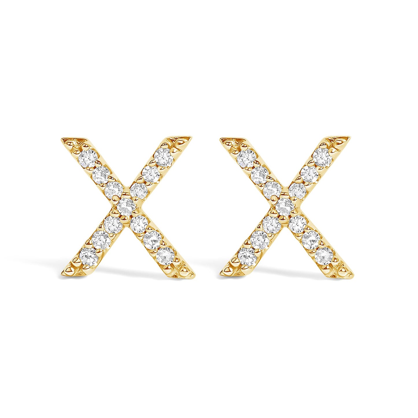 Pair of yellow metal earrings shaped like Xs, each set with round white gemstones, shown in a front-facing angle on a white background.