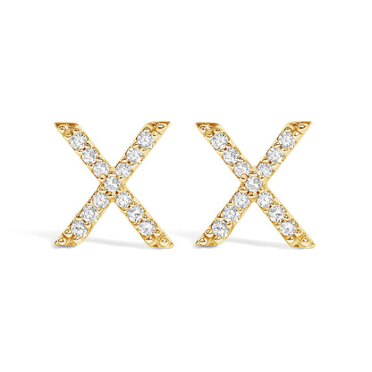 Pair of yellow metal earrings shaped like Xs, each set with round white gemstones, shown in a front-facing angle on a white background.