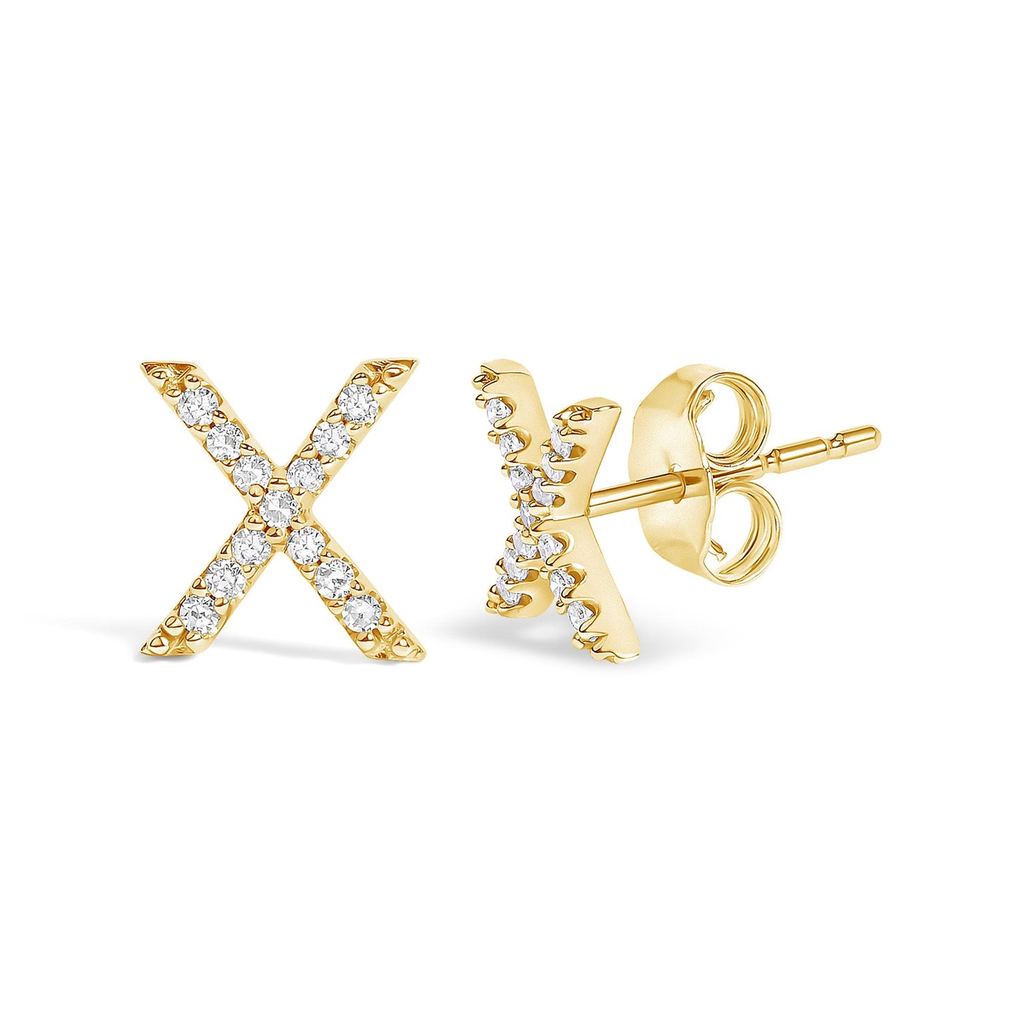 Pair of yellow metal stud earrings shaped like the letter X, each adorned with small white round gemstones in a micro-pave setting, shown from front and side angles on a white background.