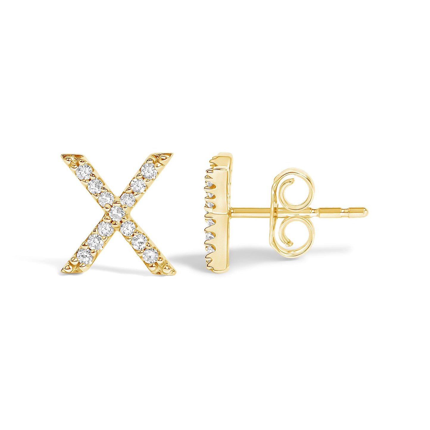 Pair of yellow metal stud earrings shaped like the letter X, each set with multiple small white round gemstones in a micro-pave setting, shown from front and side angle on a white background.