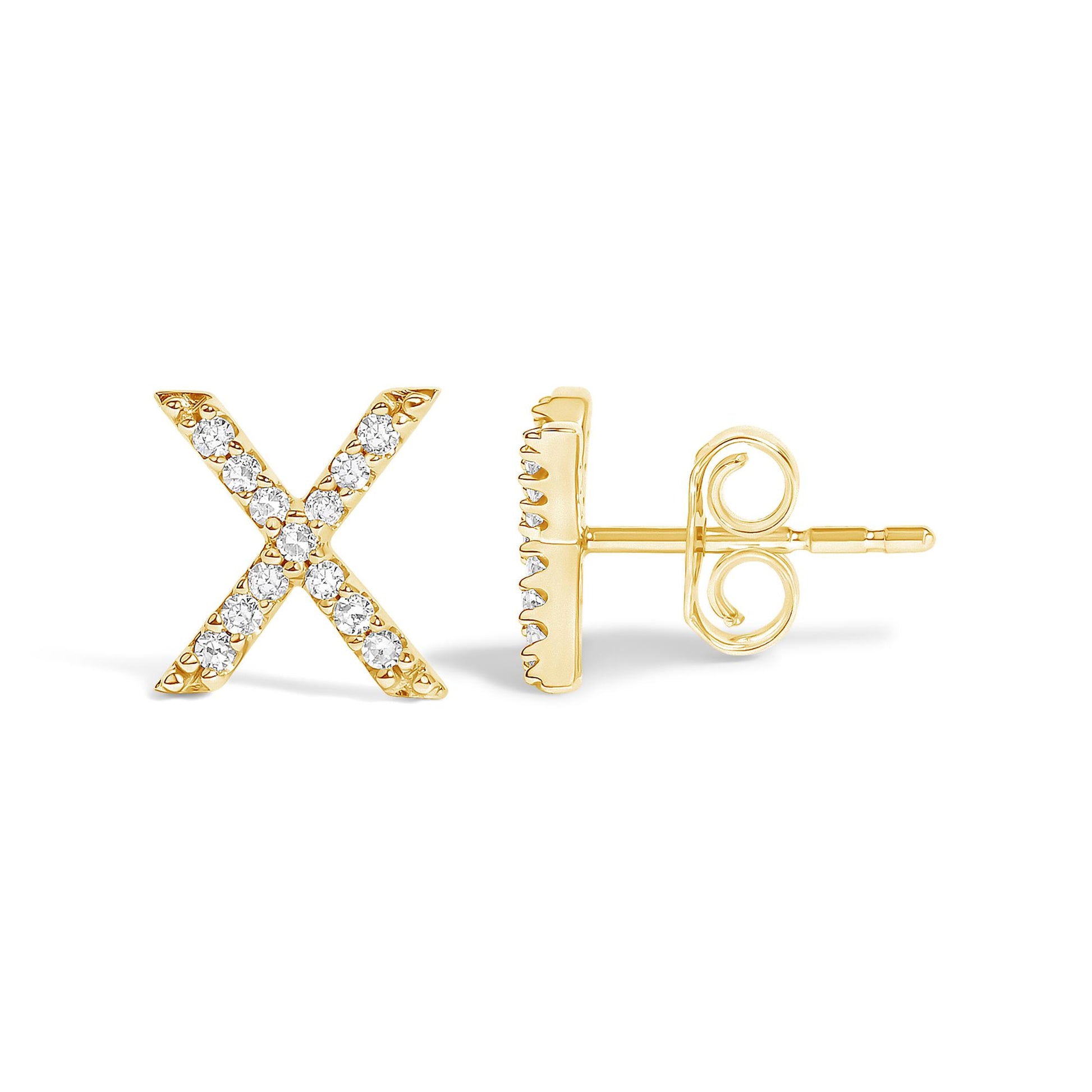 Pair of yellow metal stud earrings shaped like the letter X, each set with multiple small white round gemstones in a micro-pave setting, shown from front and side angle on a white background.