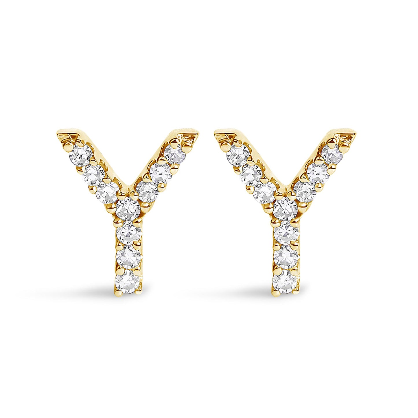 Front view of a pair of yellow metal earrings shaped like the letter Y, each adorned with round white gemstones in a micro-pave setting.