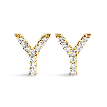 Front view of a pair of yellow metal earrings shaped like the letter Y, each adorned with round white gemstones in a micro-pave setting.