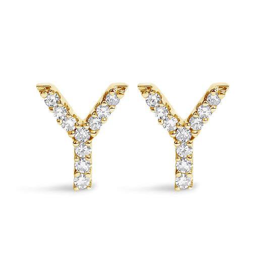 Front view of a pair of yellow metal earrings shaped like the letter Y, each adorned with round white gemstones in a micro-pave setting.