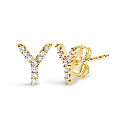 Close-up front and side view of a yellow metal Y-shaped stud earrings with white round gemstones in micro-pave setting.