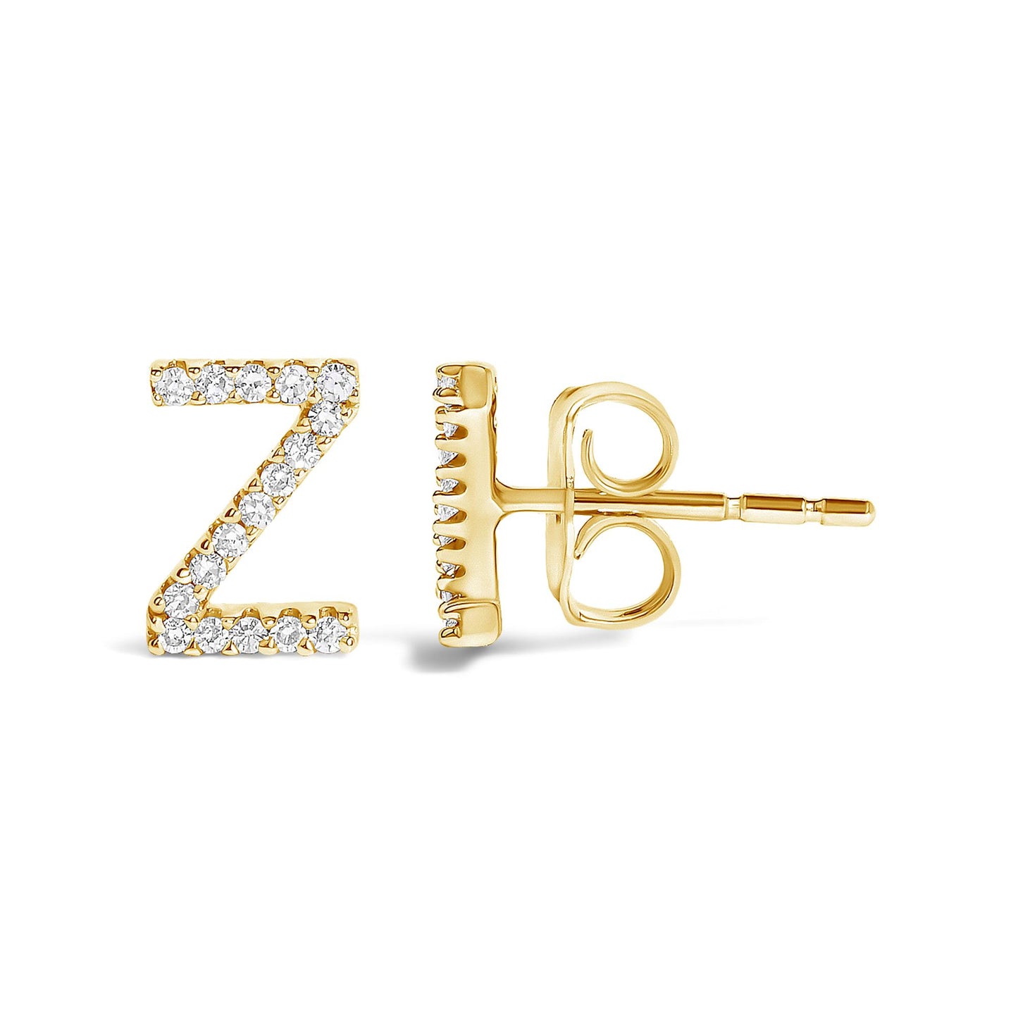 Side view of a yellow metal stud earring shaped like the letter Z, adorned with small round white gemstones in a micro-pave setting.