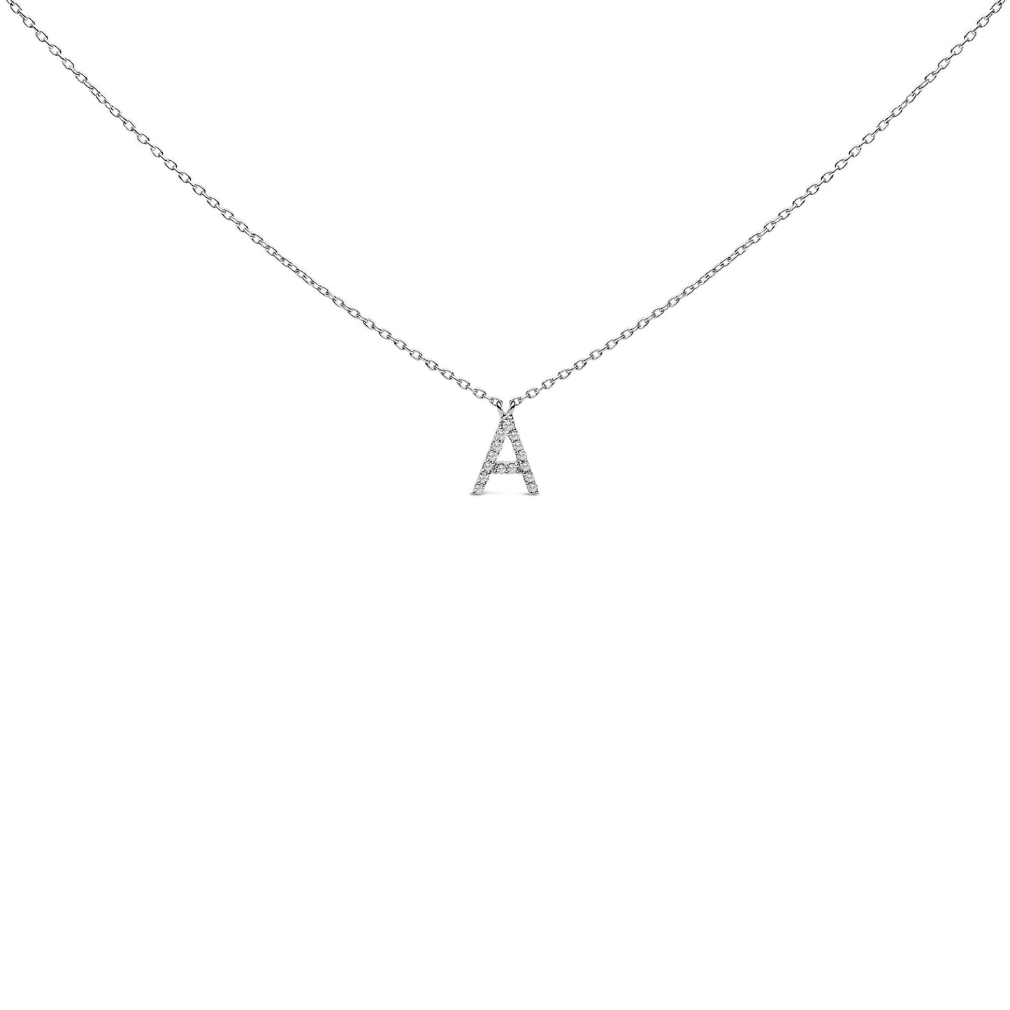 Close-up front view of a white metal necklace with a pendant shaped like the letter 'A' encrusted with small white gemstones in a micro-pave setting. The necklace is shown on a white background.