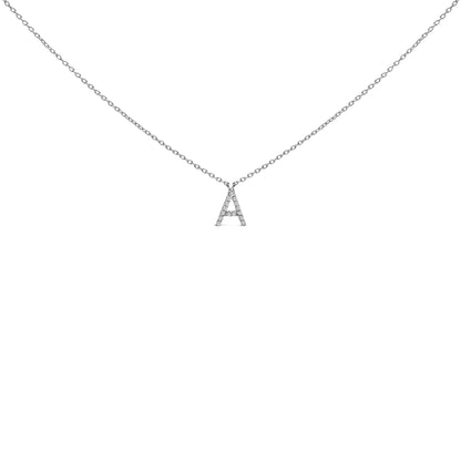 Close-up front view of a white metal necklace with a pendant shaped like the letter 'A' encrusted with small white gemstones in a micro-pave setting. The necklace is shown on a white background.