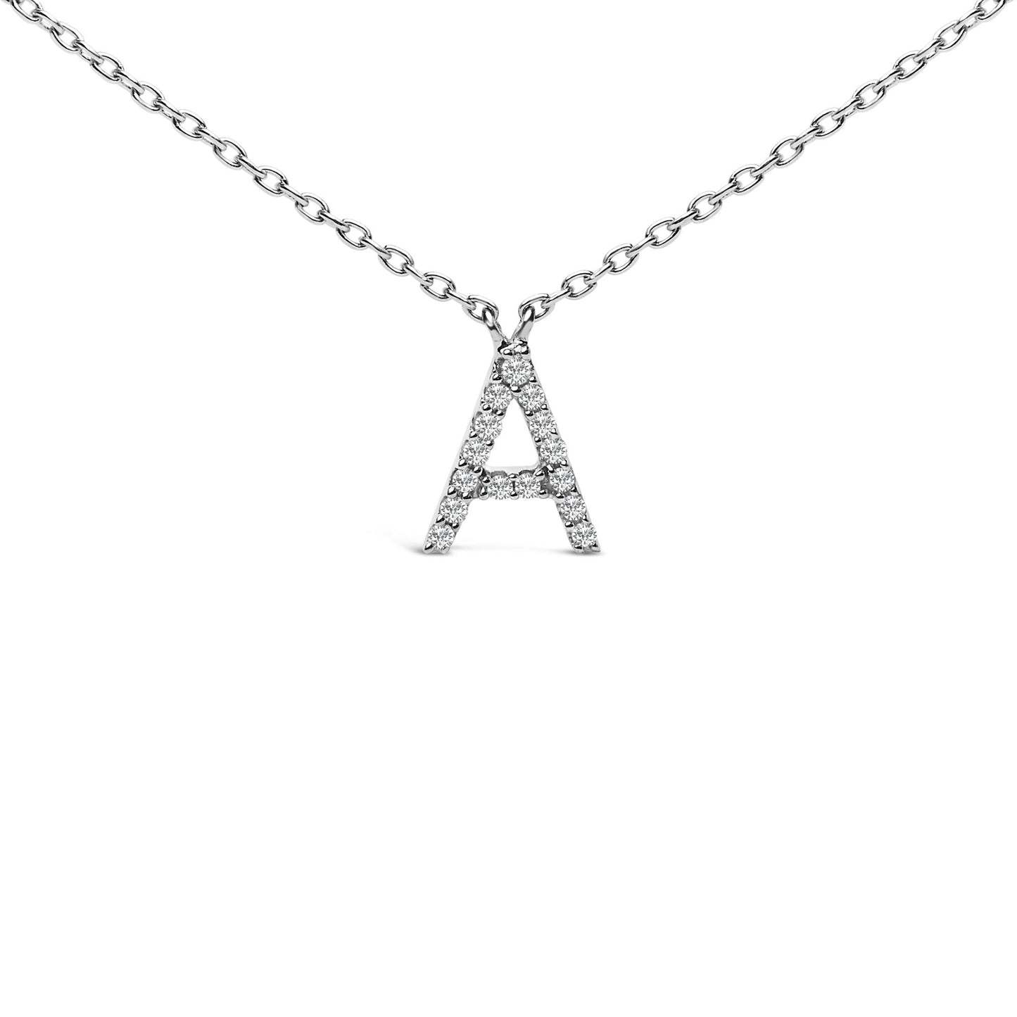 Close-up front view of a white necklace chain with a micro-pave set pendant shaped like the letter A, adorned with round white gemstones.