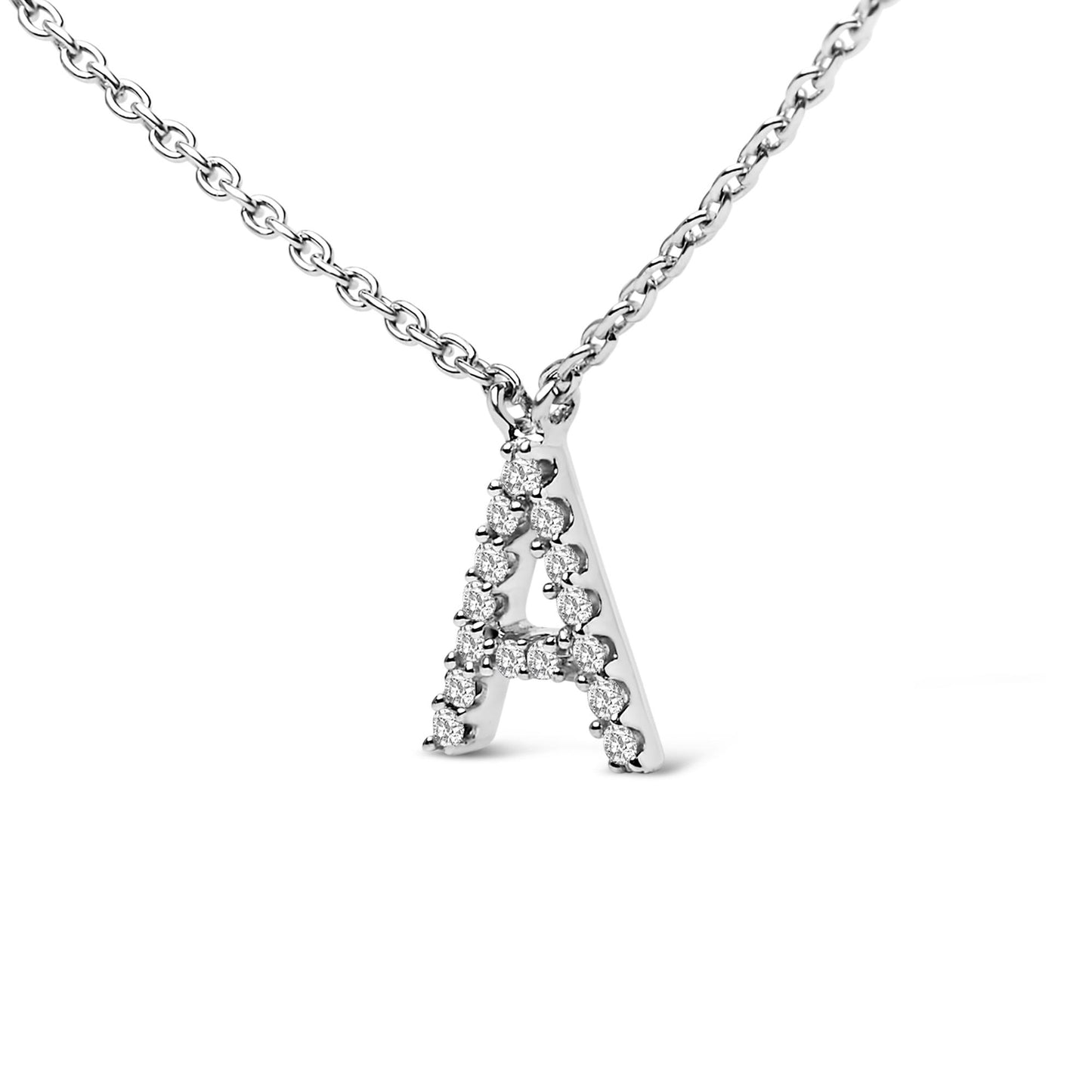 Close-up front angle of a white metal necklace with a pendant in the shape of the letter A, adorned with white round gemstones in a micro-pave setting, shown on a white background.