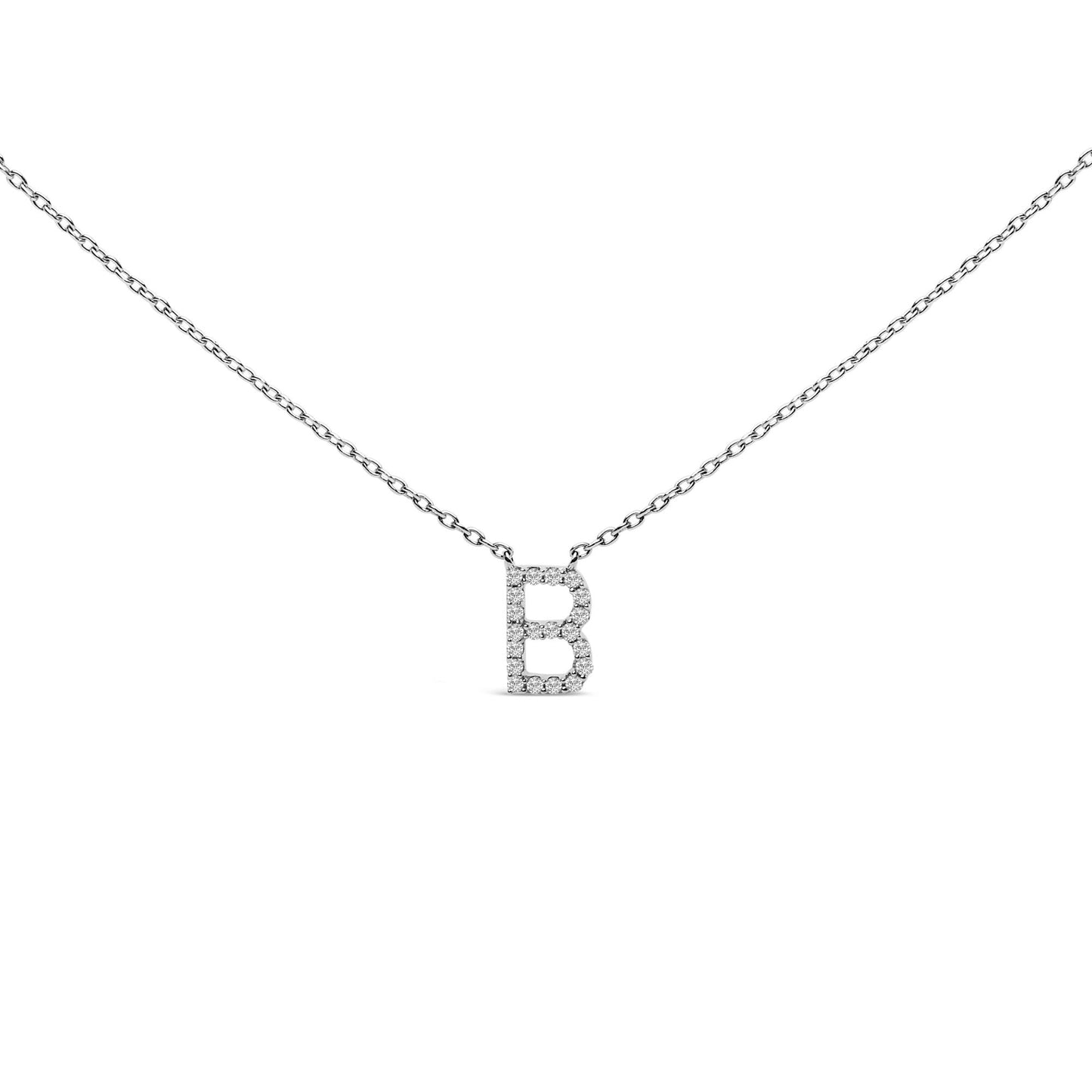 Close-up front view of a white necklace with a pendant shaped as the letter B, featuring round white gemstones in a micro-pave setting.