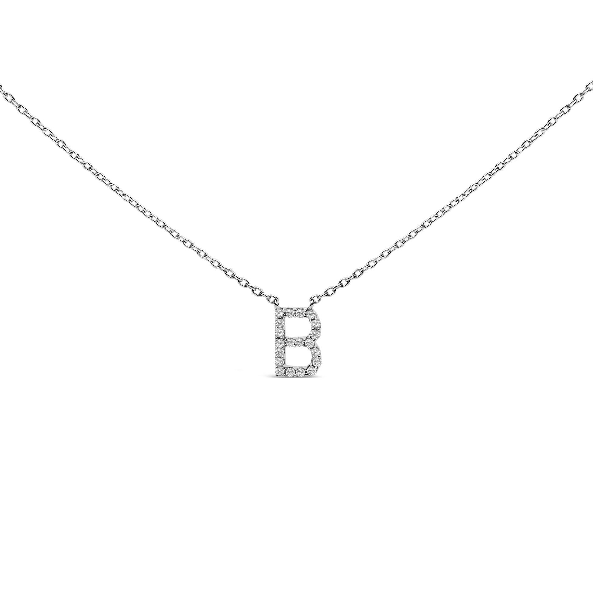 Close-up front view of a white necklace with a pendant shaped as the letter B, featuring round white gemstones in a micro-pave setting.