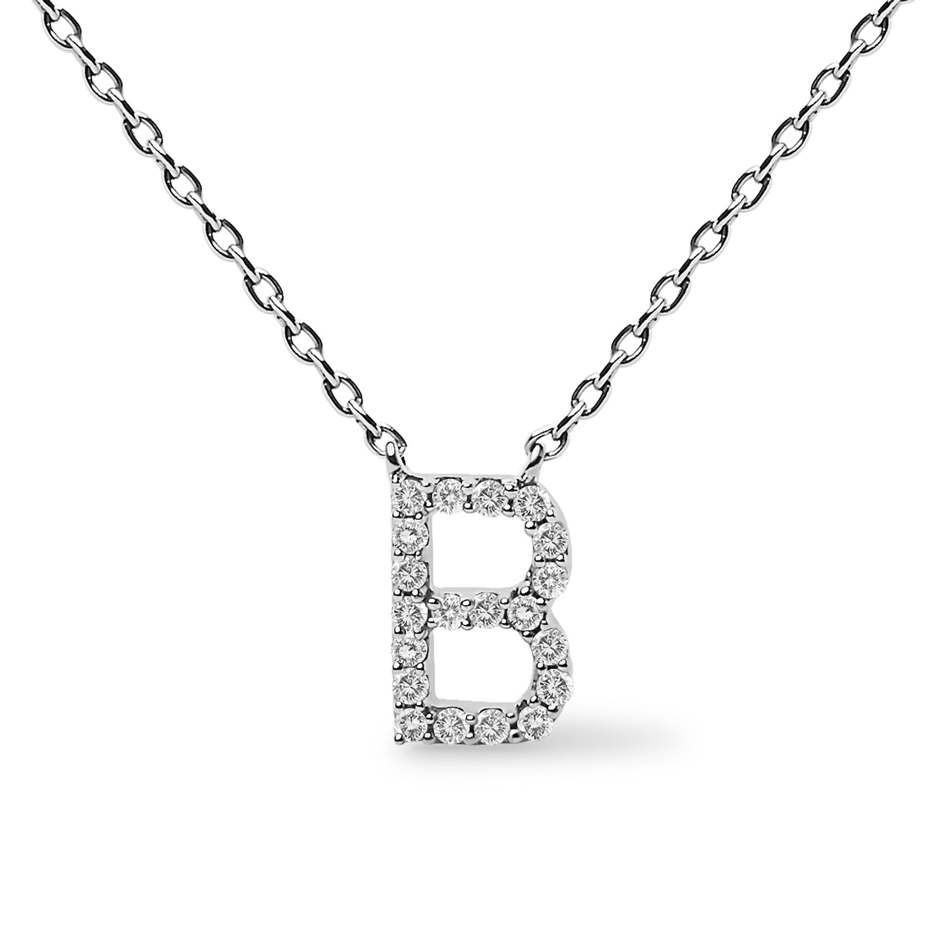 Close-up front view of a white metal necklace with a pendant in the shape of the letter 'B' outlined with round white gemstones in a micro-pave setting.