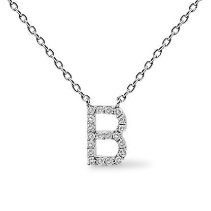 Close-up front view of a white metal necklace with a pendant in the shape of the letter 'B' outlined with round white gemstones in a micro-pave setting.