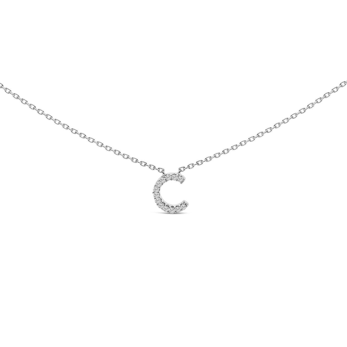 Close-up front view of a white metal necklace with a micro-pave setting round white gemstone pendant shaped like the letter C.