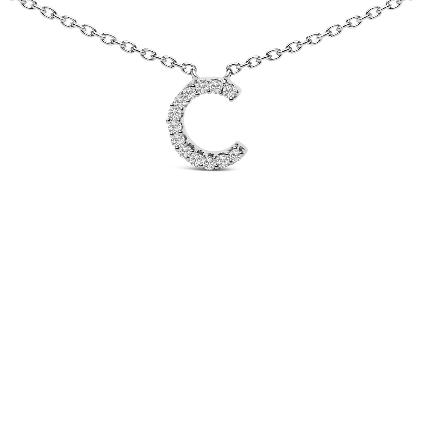 Close-up front view of a white necklace with a pendant shaped like the letter C, featuring round white gemstones in a micro-pave setting on a chain.