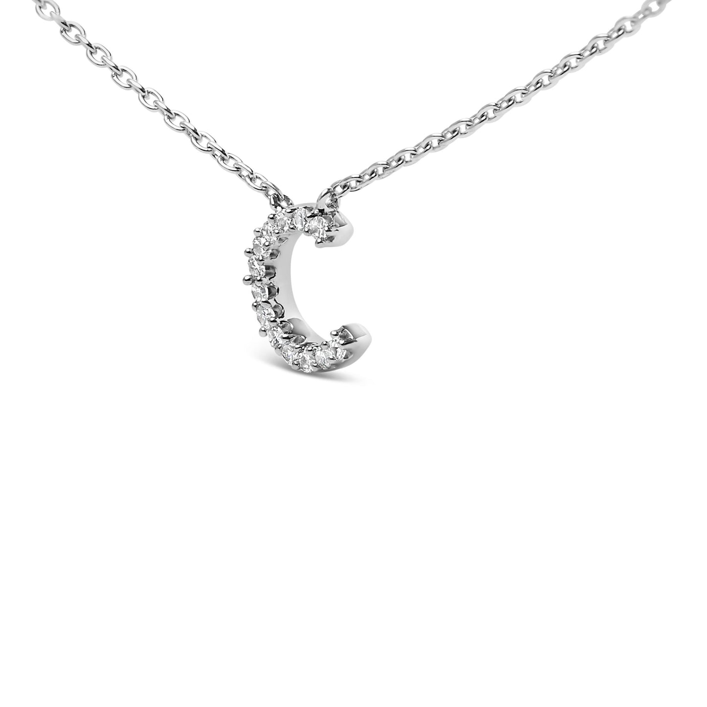 Close-up front angle of a white metal necklace with a pendant shaped as the letter 'C' adorned with round white gemstones in a micro-pave setting.