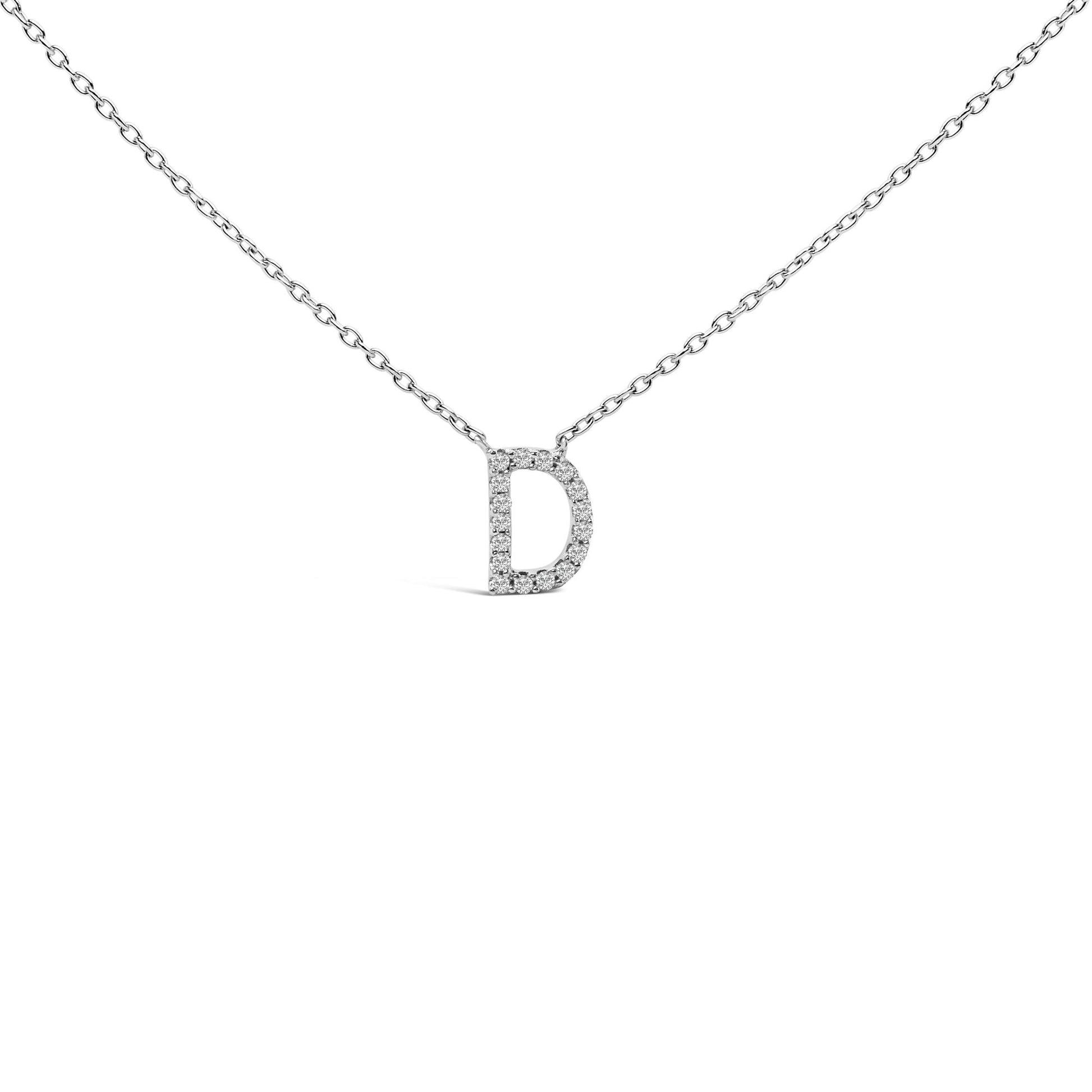 Close-up front view of a white necklace with a pendant shaped as the letter 'D,' encrusted with small round white gemstones in a micro-pave setting.