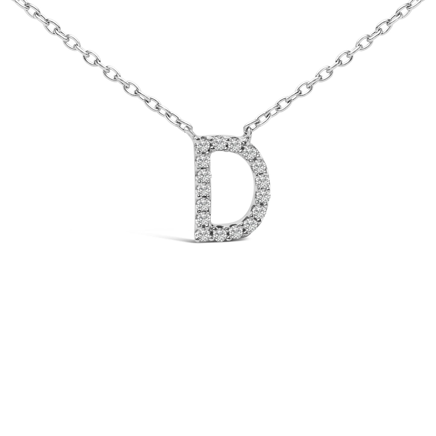 Close-up front view of a white metal necklace with a pendant shaped like the letter D, encrusted with round white gemstones in a micro-pave setting, shown on a white background.