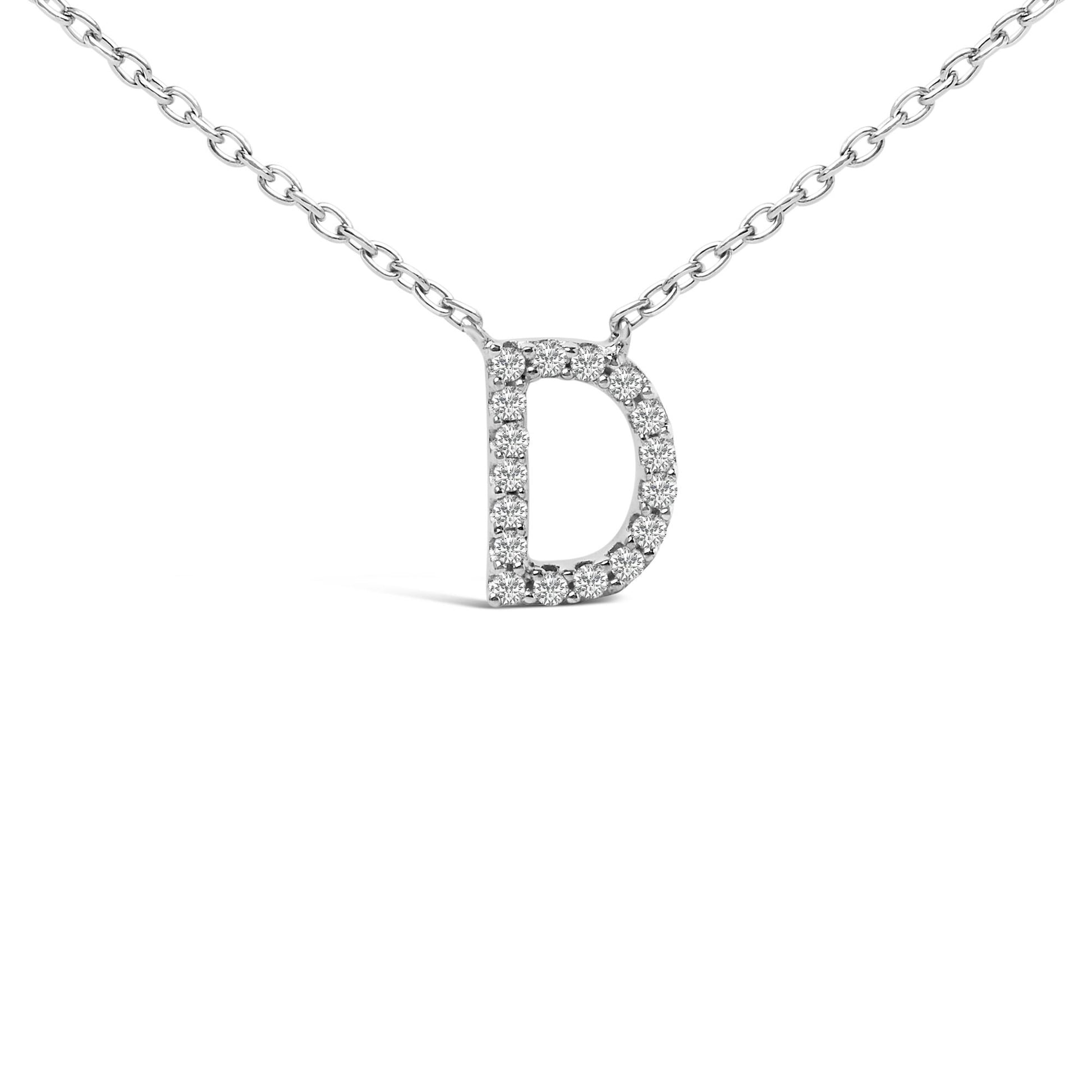 Close-up front view of a white metal necklace with a pendant shaped like the letter D, encrusted with round white gemstones in a micro-pave setting, shown on a white background.