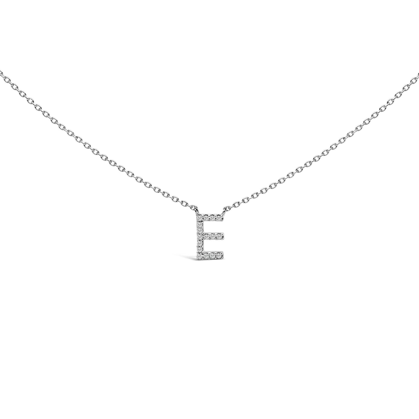 Close-up front view of a white necklace chain with a pendant shaped as the letter E, set with multiple round white gemstones in a micro-pave setting.