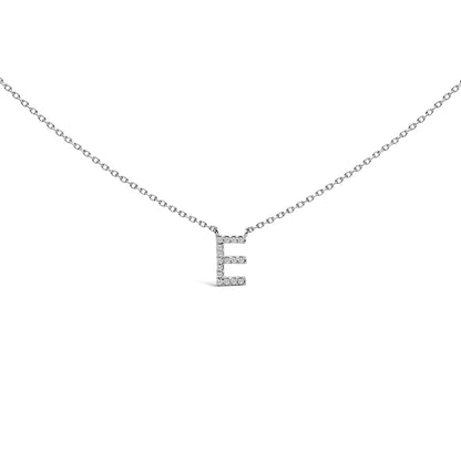 Close-up front view of a white necklace chain with a pendant shaped as the letter E, set with multiple round white gemstones in a micro-pave setting.