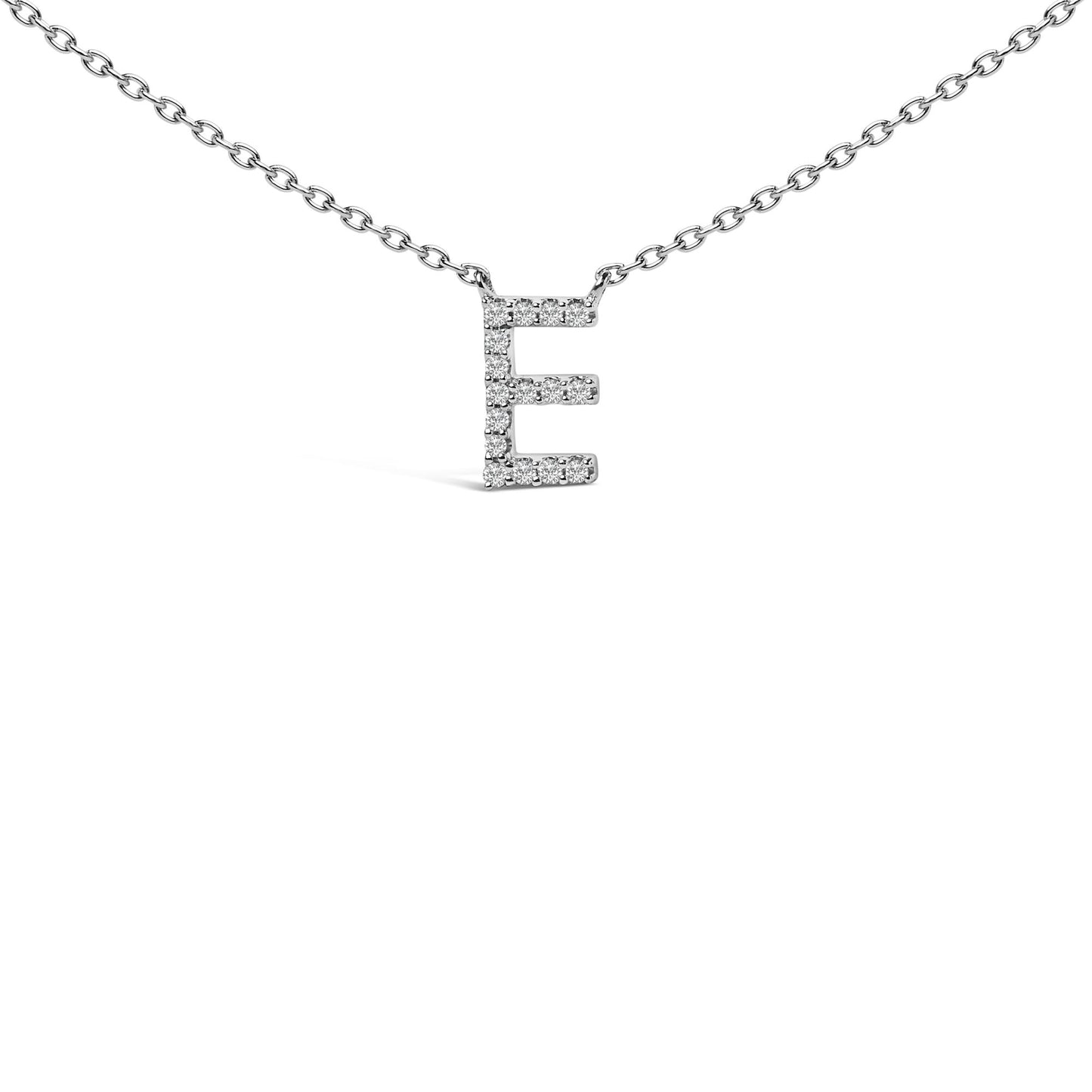 Close-up front view of a white necklace chain with a pendant shaped like the letter 'E' adorned with white gemstones in a micro-pave setting.