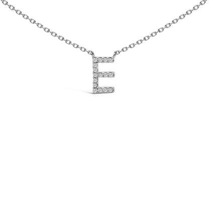 Close-up front view of a white necklace chain with a pendant shaped like the letter 'E' adorned with white gemstones in a micro-pave setting.