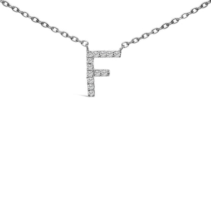Close-up front angle of a white necklace chain with a pendant shaped as the letter F, adorned with round white gemstones in a micro-pave setting.