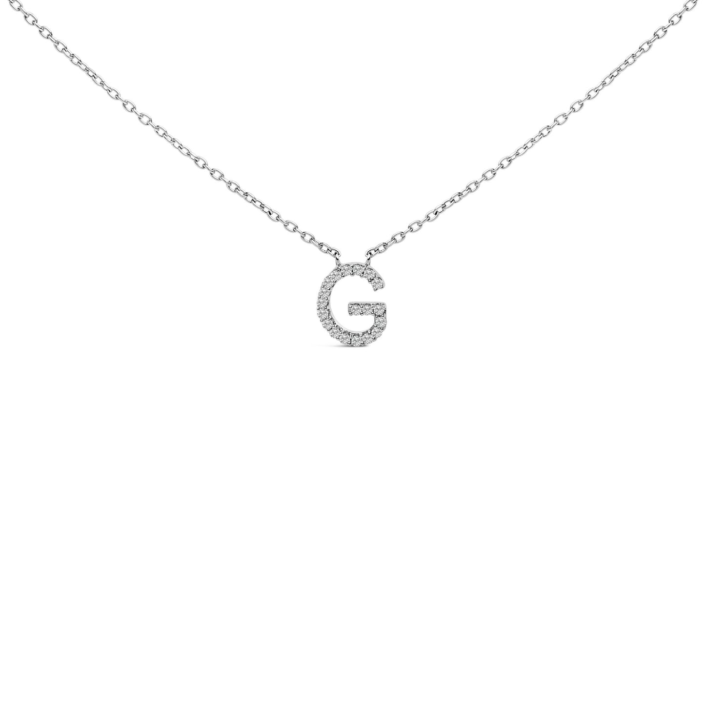 Close-up front view of a white necklace chain with a pendant in the shape of the letter G, featuring round white gemstones in a micro-pave setting.