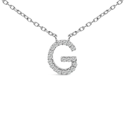 Close-up front view of a white metal necklace featuring a chain and a pendant in the shape of the letter G encrusted with round white gemstones in a micro-pave setting.