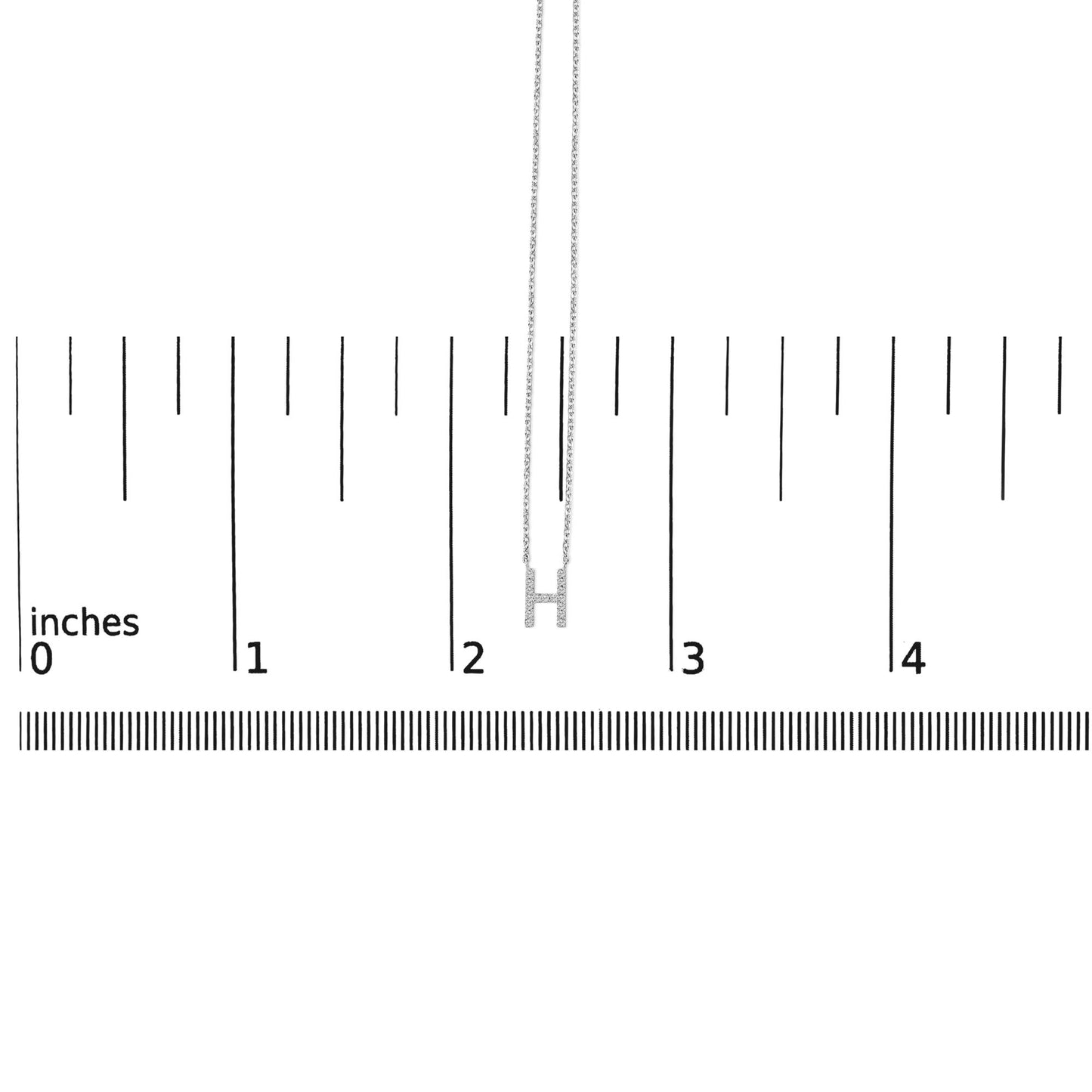 White necklace with an 'H' pendant featuring micro-pave white gemstones, shown flat on a measurement scale, front view.