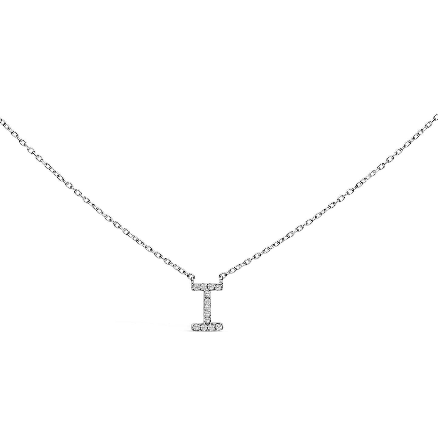 White necklace pendant with a vertical bar and horizontal bar at the top, both featuring round white gemstones in a micro-pave setting, shown in a front-facing angle on a white background.