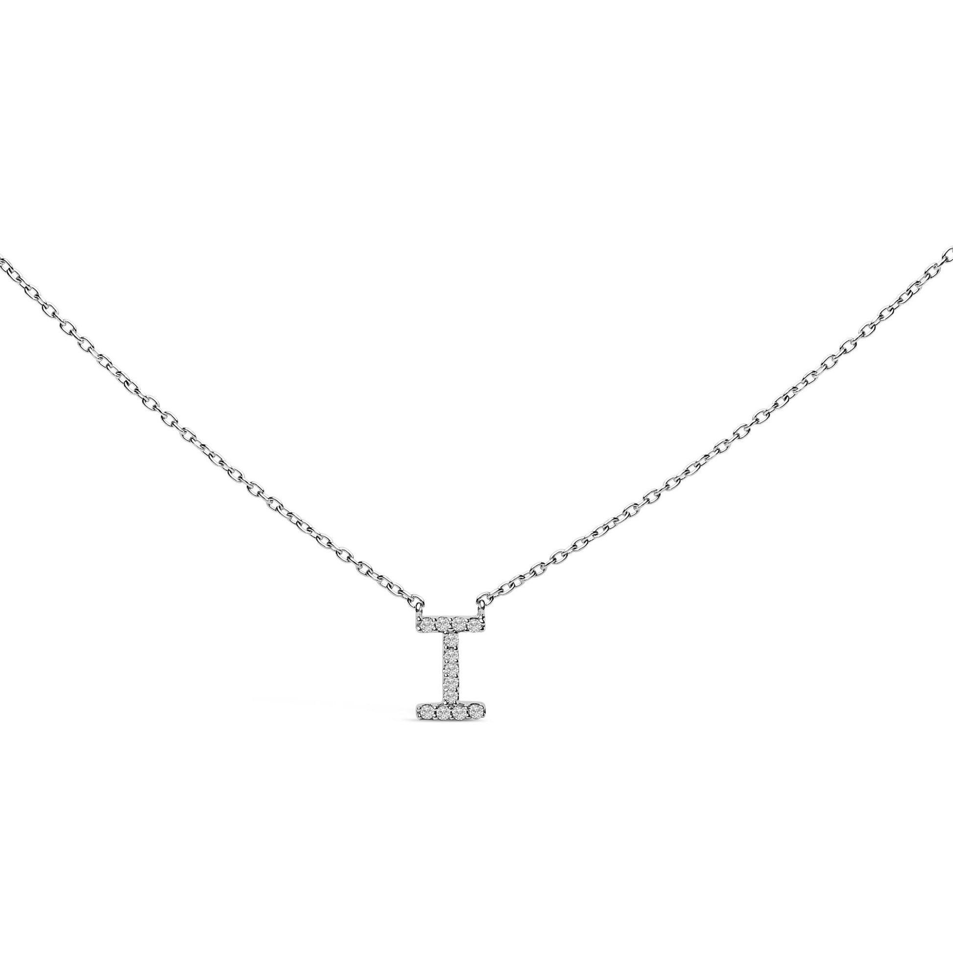 White necklace pendant with a vertical bar and horizontal bar at the top, both featuring round white gemstones in a micro-pave setting, shown in a front-facing angle on a white background.