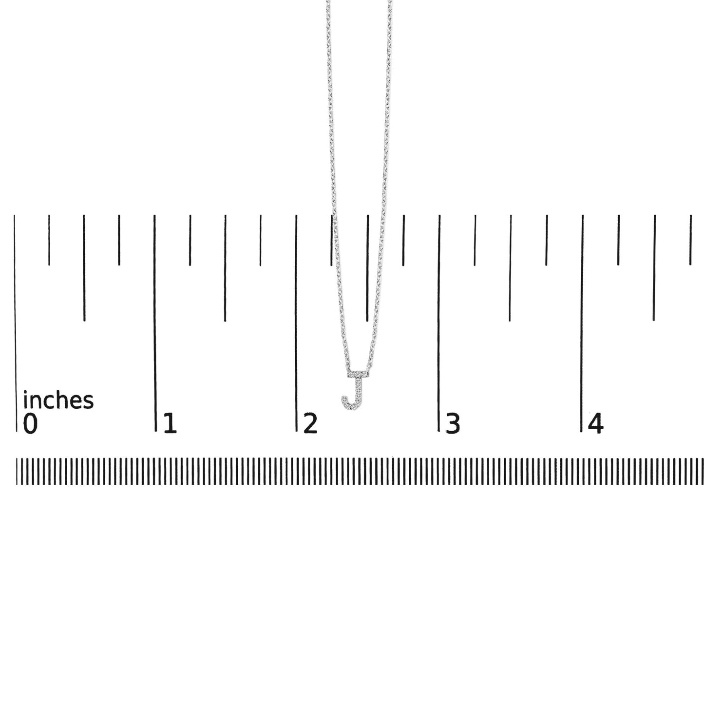 White necklace with a pendant in the shape of the letter J, set with small white gemstones in a micro-pave setting, shown front-facing on a scale.